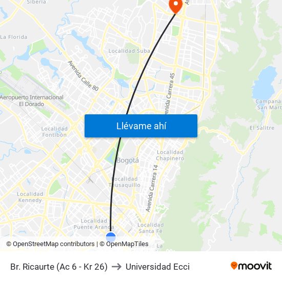 Br. Ricaurte (Ac 6 - Kr 26) to Universidad Ecci map