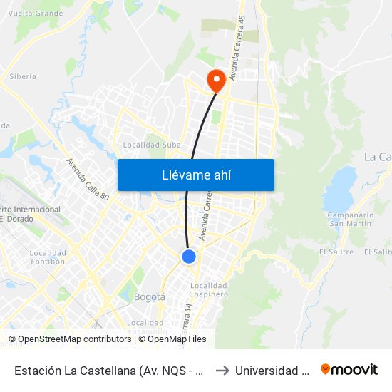 Estación La Castellana (Av. NQS - Cl 85a) to Universidad Ecci map