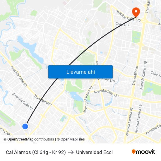 Cai Álamos (Cl 64g - Kr 92) to Universidad Ecci map