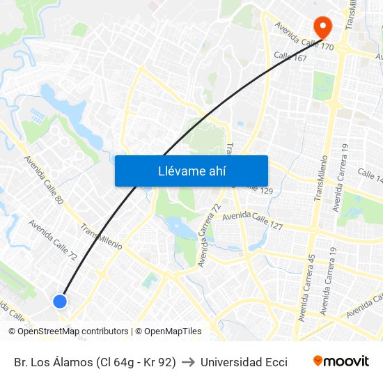 Br. Los Álamos (Cl 64g - Kr 92) to Universidad Ecci map