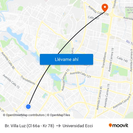 Br. Villa Luz (Cl 66a - Kr 78) to Universidad Ecci map