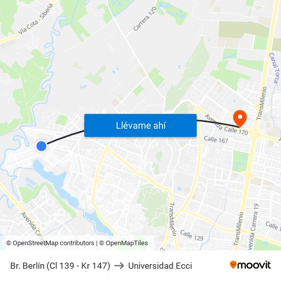 Br. Berlín (Cl 139 - Kr 147) to Universidad Ecci map