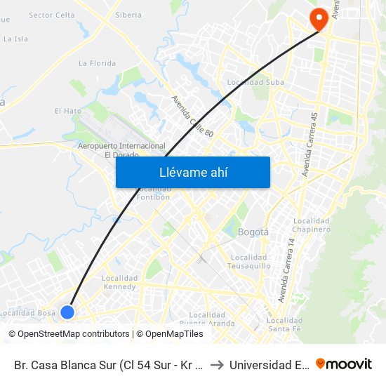 Br. Casa Blanca Sur (Cl 54 Sur - Kr 80d) to Universidad Ecci map