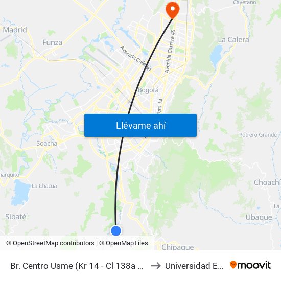 Br. Centro Usme (Kr 14 - Cl 138a Sur) to Universidad Ecci map