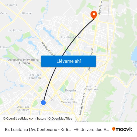 Br. Lusitania (Av. Centenario - Kr 68b) to Universidad Ecci map