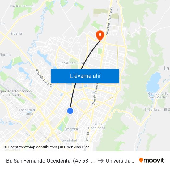 Br. San Fernando Occidental (Ac 68 - Kr 65b) (A) to Universidad Ecci map