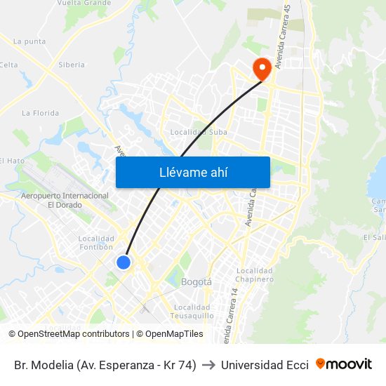 Br. Modelia (Av. Esperanza - Kr 74) to Universidad Ecci map