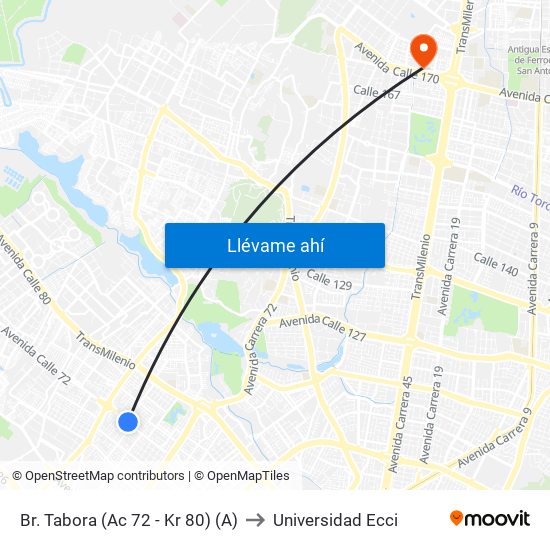 Br. Tabora (Ac 72 - Kr 80) (A) to Universidad Ecci map