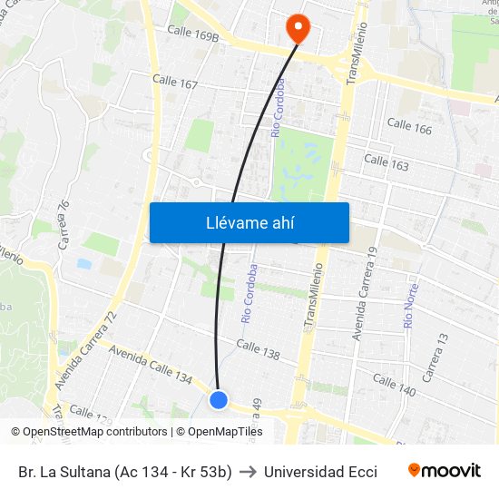 Br. La Sultana (Ac 134 - Kr 53b) to Universidad Ecci map