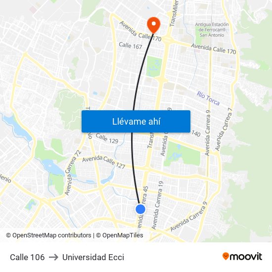 Calle 106 to Universidad Ecci map