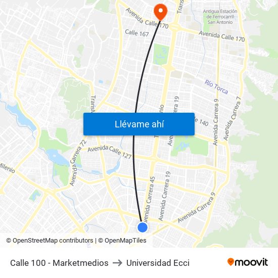 Calle 100 - Marketmedios to Universidad Ecci map
