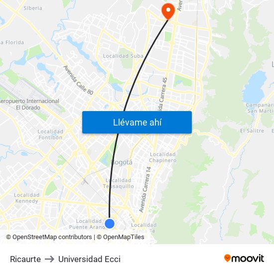 Ricaurte to Universidad Ecci map