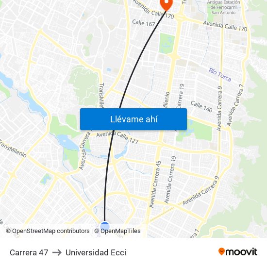 Carrera 47 to Universidad Ecci map