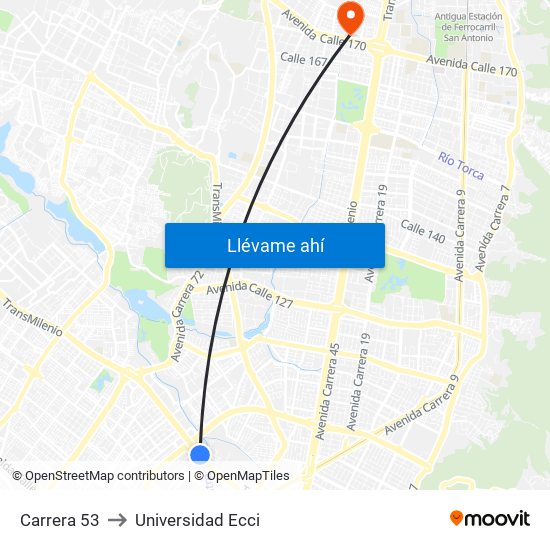 Carrera 53 to Universidad Ecci map