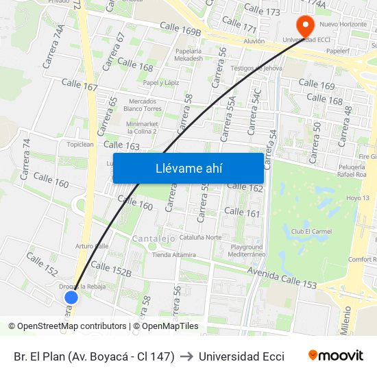 Br. El Plan (Av. Boyacá - Cl 147) to Universidad Ecci map