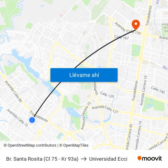 Br. Santa Rosita (Cl 75 - Kr 93a) to Universidad Ecci map