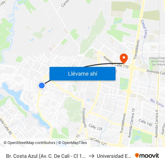 Br. Costa Azul (Av. C. De Cali - Cl 139) to Universidad Ecci map