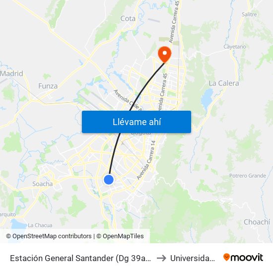 Estación General Santander (Dg 39a Sur - Tv 42) to Universidad Ecci map