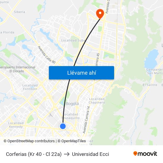 Corferias (Kr 40 - Cl 22a) to Universidad Ecci map