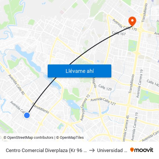 Centro Comercial Diverplaza (Kr 96 - Cl 71c) to Universidad Ecci map