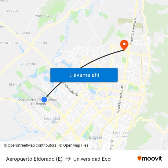 Aeropuerto Eldorado (E) to Universidad Ecci map