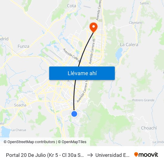 Portal 20 De Julio (Kr 5 - Cl 30a Sur) to Universidad Ecci map