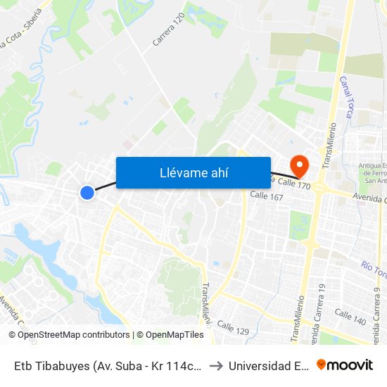 Etb Tibabuyes (Av. Suba - Kr 114c) (C) to Universidad Ecci map
