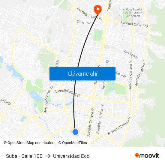 Suba - Calle 100 to Universidad Ecci map