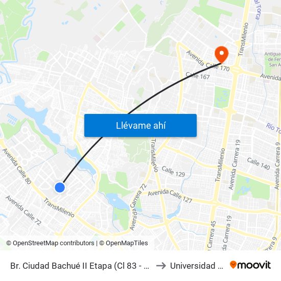 Br. Ciudad Bachué II Etapa (Cl 83 - Kr 95d) to Universidad Ecci map