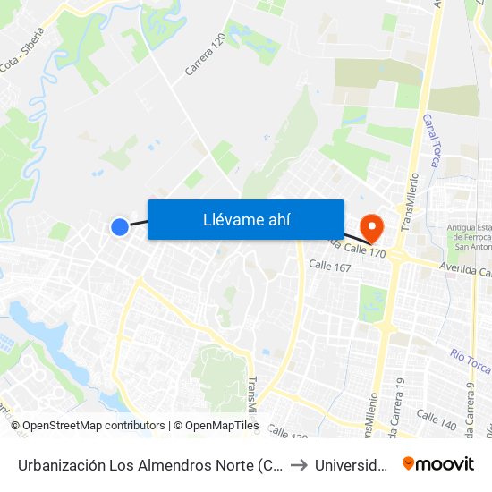 Urbanización Los Almendros Norte (Cl 152b - Kr 114d) to Universidad Ecci map