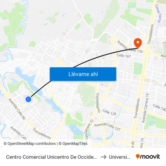 Centro Comercial Unicentro De Occidente (Kr 112f - Dg 86 Bis) to Universidad Ecci map