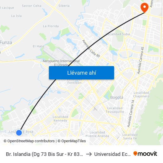 Br. Islandia (Dg 73 Bis Sur - Kr 83a) to Universidad Ecci map