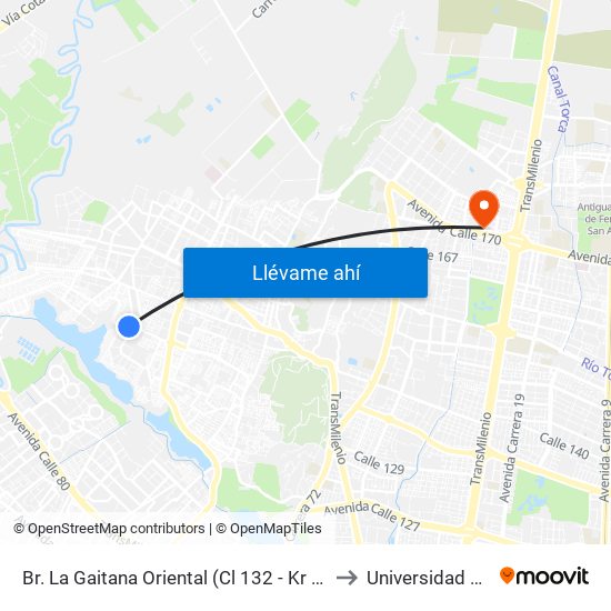 Br. La Gaitana Oriental (Cl 132 - Kr 123b) to Universidad Ecci map