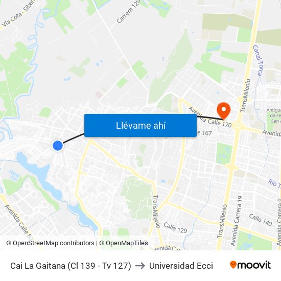 Cai La Gaitana (Cl 139 - Tv 127) to Universidad Ecci map