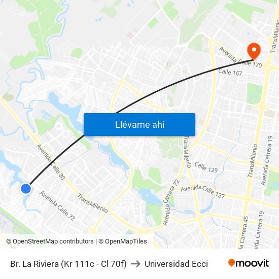 Br. La Riviera (Kr 111c - Cl 70f) to Universidad Ecci map