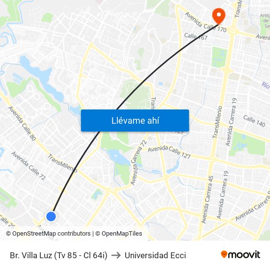 Br. Villa Luz (Tv 85 - Cl 64i) to Universidad Ecci map