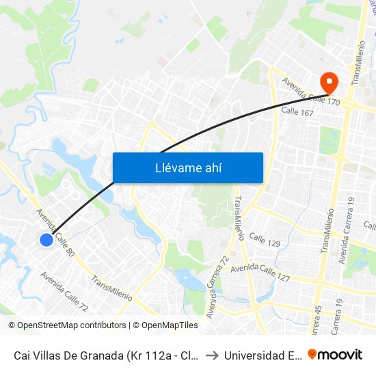 Cai Villas De Granada (Kr 112a - Cl 77c) to Universidad Ecci map