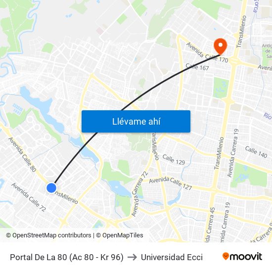 Portal De La 80 (Ac 80 - Kr 96) to Universidad Ecci map