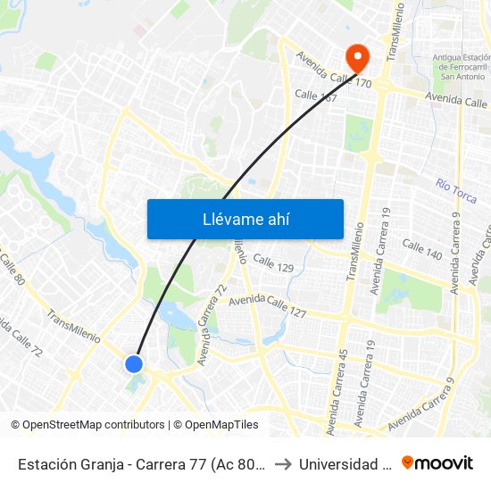 Estación Granja - Carrera 77 (Ac 80 - Kr 77) to Universidad Ecci map