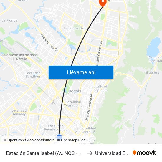 Estación Santa Isabel (Av. NQS - Cl 2) to Universidad Ecci map