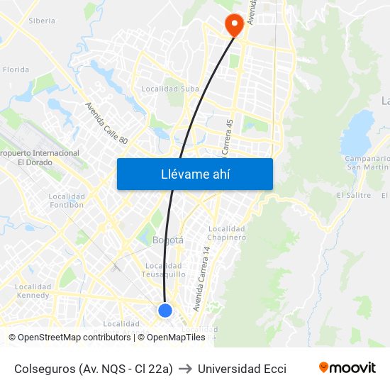 Colseguros (Av. NQS - Cl 22a) to Universidad Ecci map