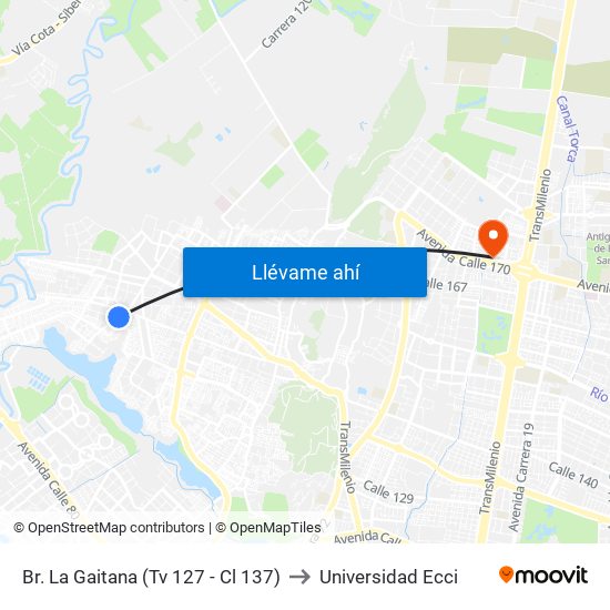 Br. La Gaitana (Tv 127 - Cl 137) to Universidad Ecci map