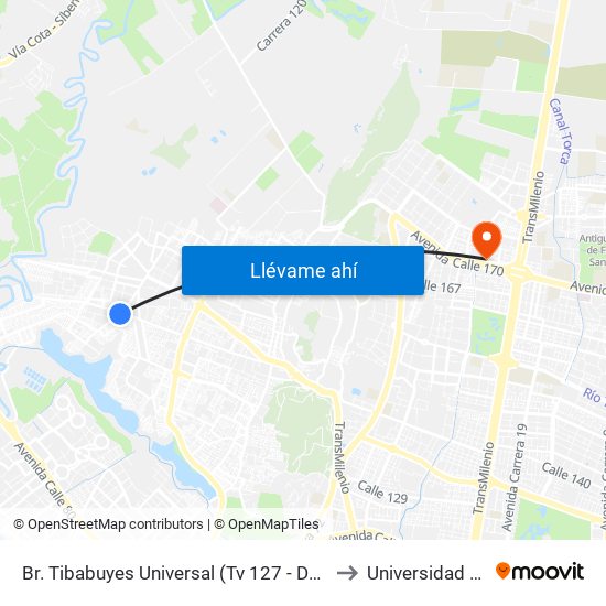 Br. Tibabuyes Universal (Tv 127 - Dg 138c) to Universidad Ecci map