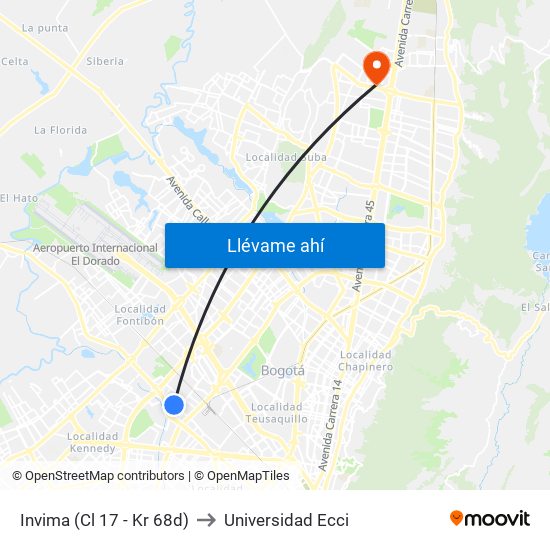 Invima (Cl 17 - Kr 68d) to Universidad Ecci map