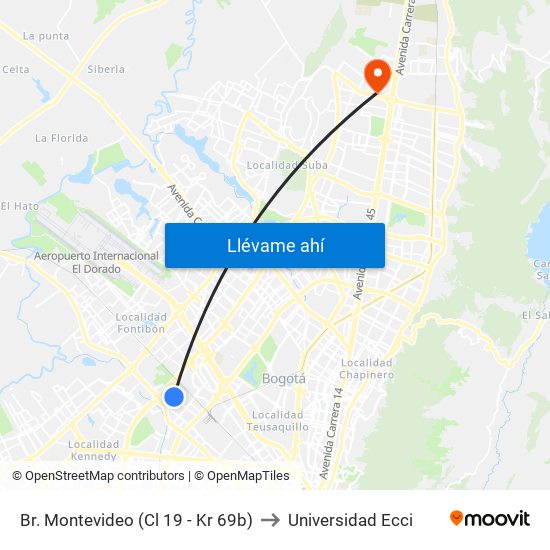 Br. Montevideo (Cl 19 - Kr 69b) to Universidad Ecci map