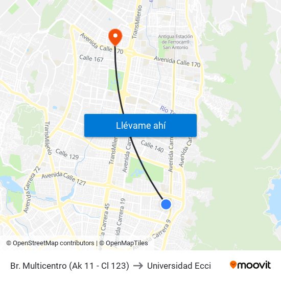 Br. Multicentro (Ak 11 - Cl 123) to Universidad Ecci map