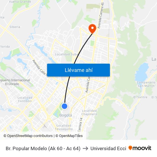 Br. Popular Modelo (Ak 60 - Ac 64) to Universidad Ecci map