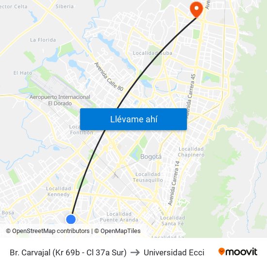 Br. Carvajal (Kr 69b - Cl 37a Sur) to Universidad Ecci map