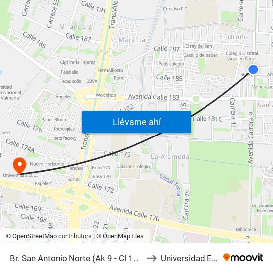 Br. San Antonio Norte (Ak 9 - Cl 185b) to Universidad Ecci map