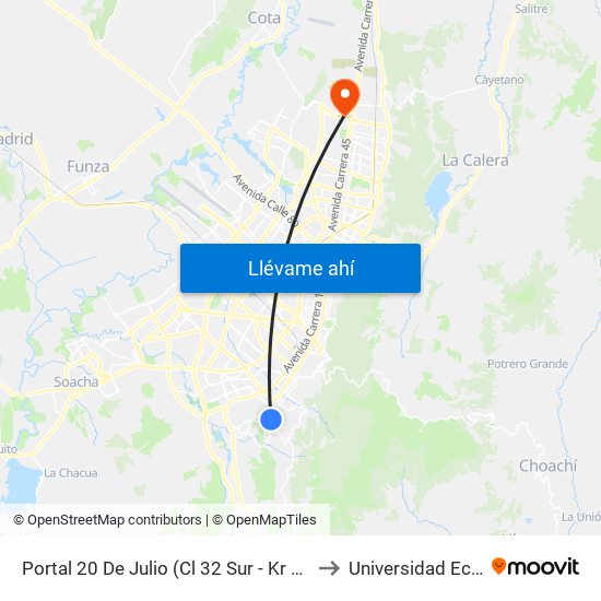 Portal 20 De Julio (Cl 32 Sur - Kr 3f) to Universidad Ecci map